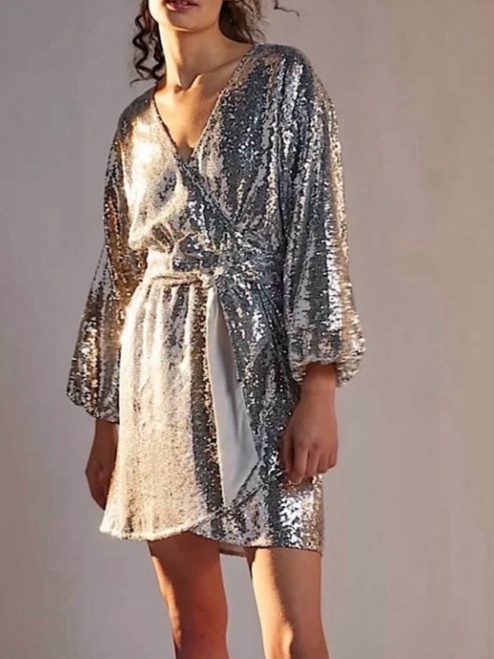 Anthropologie Lisabette sequined wrap mini dress in silver